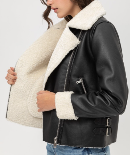 Faux Shearling-Lined PU leather Jacket - a.o.allure